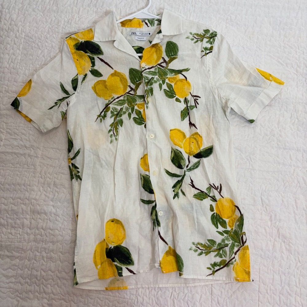 Zara Mens Lemon Citrus Print Short Sleeve Button Down Linen Shirt White Small